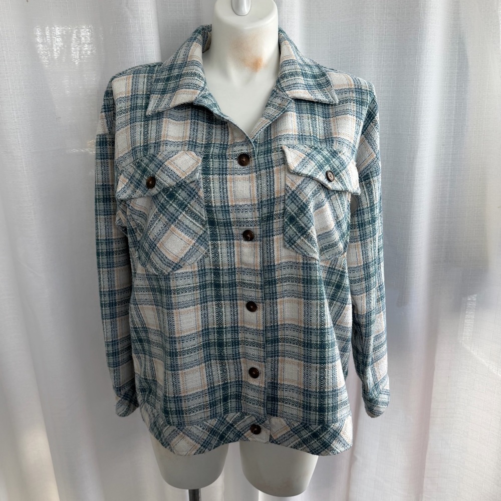 Boston Traders Plaid Tweed Shacket‎ Women’s XL Teal Cream Button Front Jacket